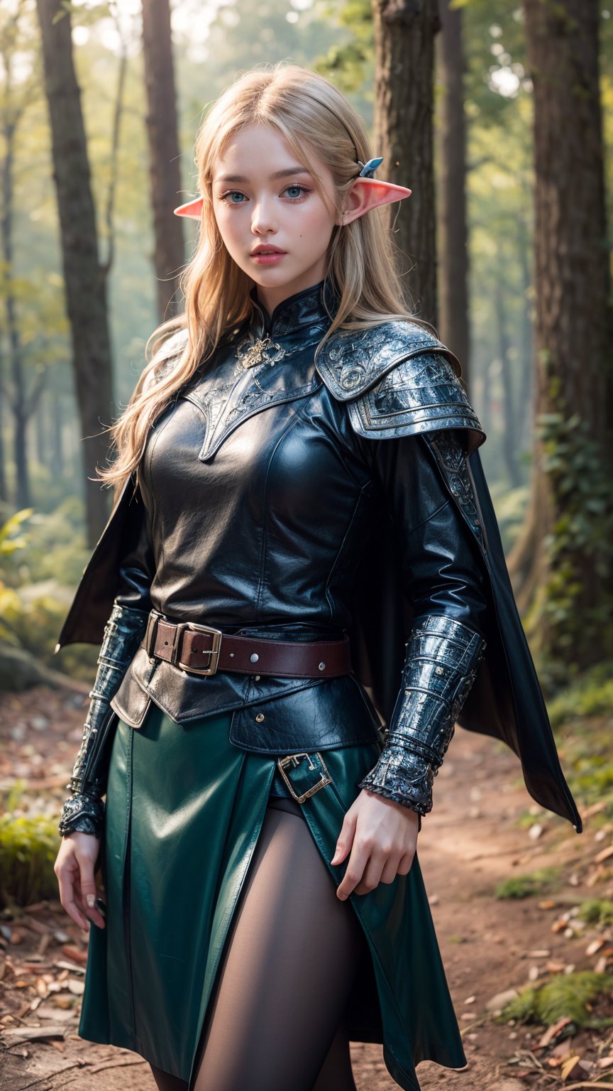 Photorealistic image ((Masterpiece)), ((high quality)) UHD 8K, of a beautiful girl, Viking elf warrior, slim, tall, (Long elf ears), (medium chest), (thin waist), (Hair long blonde), (deep blue eyes), ((green Leather armor with short green skirt and intricate details, Various belts at waist)), (Arrow holster at waist), ((fur cape)), (on the forest), Natural lighting, professional DSLR camera