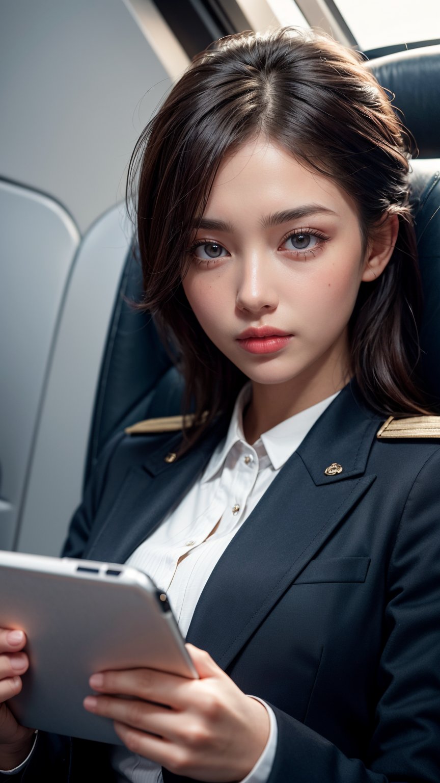 A stunning masterpiece of photorealistic imagery, rendered at an incredible 16k resolution. The subject, a breathtakingly beautiful flight attendant, dons a crisp pilot's uniform as she stands in the cockpit of an airplane. Soft, natural gentle lighting illuminates her exquisite features, showcasing detailed skin, facial expressions, and piercing eyes. Her textured complexion appears almost three-dimensional. In the background, a stunning, vivid blue sky stretches out, creating a sense of depth. The flight attendant's gaze is upward, as if lost in thought, while she gently touches a tablet in front of her. The overall composition is cinematic, with a subtle blend of warm and cool tones that evoke a sense of calm and serenity.