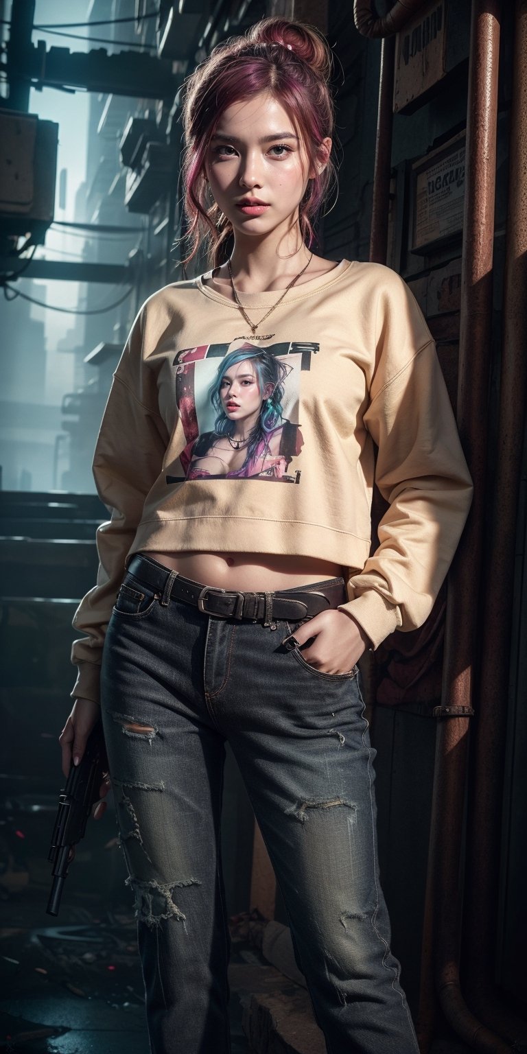 dark gothic cyberpunk woman, defiant face, pastel colors, in clothes, colorful hair, light yellow sweatshirt, pants, black, with pink, guns hd, high detail, huoshen, TheLastOfUs, mgln
