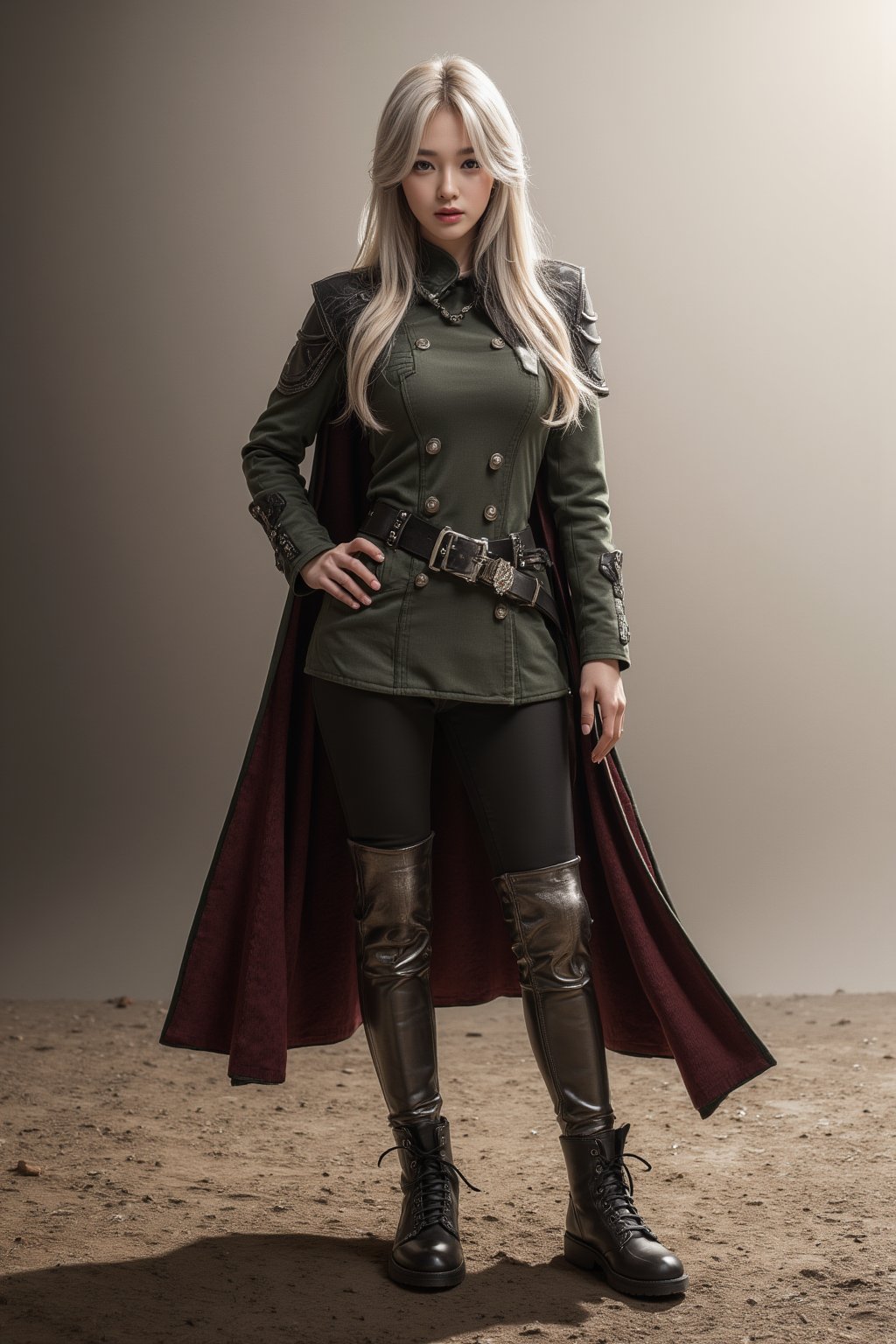 A woman with long platinum blonde hair, choppy bangs, arched crescent eyebrows, sharp and determined eyes, a delicate oval face, a serious expression, a fantasy-style dark green military coat, draped with a dark red cloak, military trousers, leather combat boots, silver greaves leggings, one hand on her hip, standing in a spacious training ground, this character embodies a finely crafted fantasy-style female military officer in anime style, exquisite and mature manga art style, pale skin, high definition, best quality, highres, ultra-detailed, ultra-fine painting, extremely delicate, professional, perfect body proportions, golden ratio, anatomically correct, symmetrical face, extremely detailed eyes and face, high quality eyes, creativity, RAW photo, UHD, 32k, Natural light, cinematic lighting, masterpiece-anatomy-perfect, masterpiece