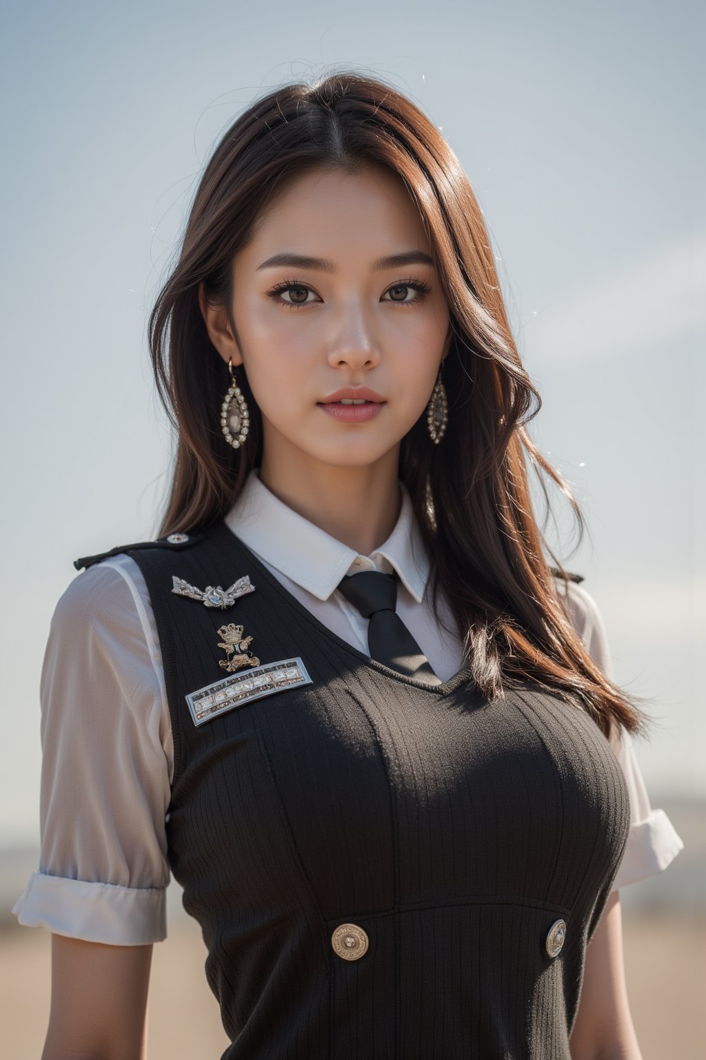 A masterpiece of disorganized beauty: A solitary airline stewardess, gazing directly at the audience with a piercing gaze. Her delicate face is framed by treated hair, and her beautiful eyes sparkle like crystals. She wears a military uniform adorned with a badge, a pencil skirt, and tie, exuding confidence and strength. The breast sagging subtly emphasizes her femininity. A threatening posture, as if ready to draw her gun at any moment, adds an air of tension to the scene. Crystal earrings glint in the sunlight as she stands outdoors, surrounded by the vast open space, her military uniform a striking contrast to the peaceful atmosphere