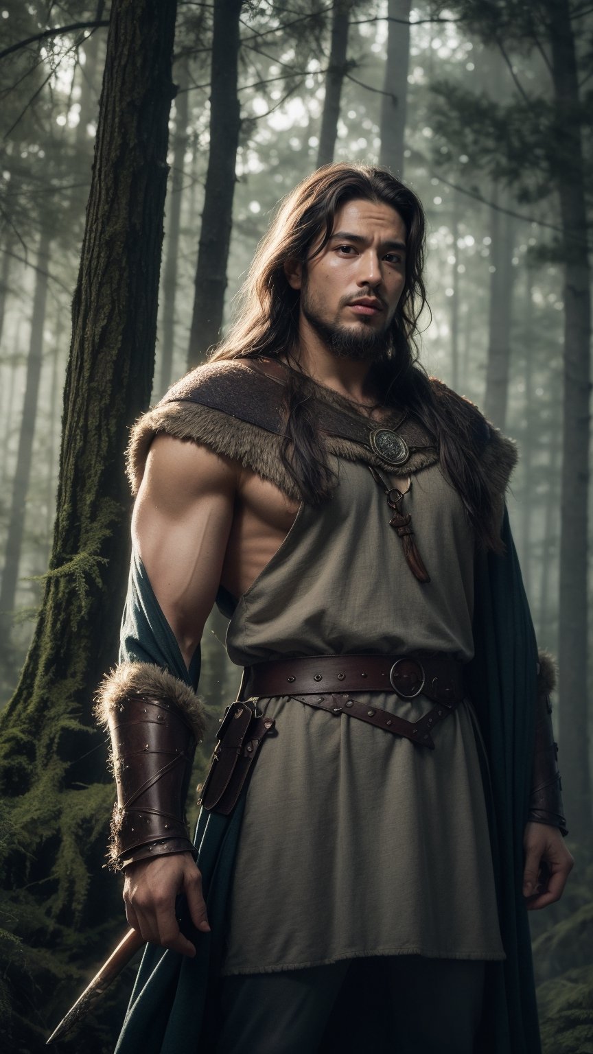 Moonlit Whispers: A Viking warrior stands at the heart of a misty forest, enveloped in an aura of mystique. Tattered dark armor clings to his weathered physique, while piercing blue eyes gleam like starlight amidst the eerie yet majestic atmosphere. Ancient secrets seem to whisper through the trees as he listens intently, his rugged features bathed in perfect lighting that casts subtle shadows, as if forest spirits dance across his face.