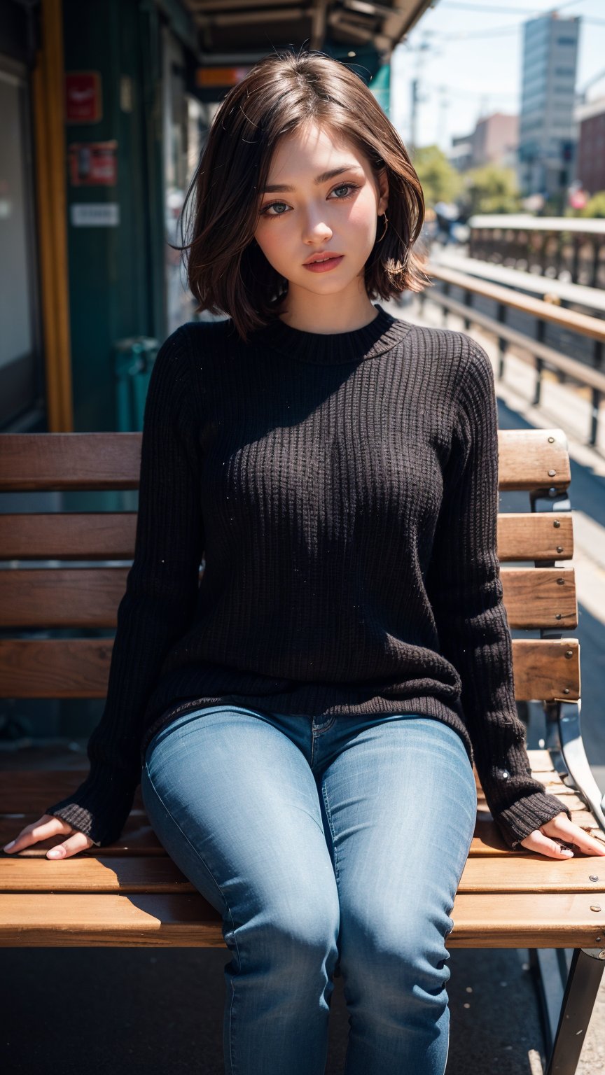 A masterpiece of a cowboy shot features a stunning mature woman sitting solo on a station bench or platform, surrounded by the hum of city life. Her shiny brown hair is short and stylish, framing her beautiful, sparkling eyes that seem to hold a thousand secrets. A warm smile spreads across her highly detailed face, drawing the viewer's gaze into her ultra-detailed, almost lifelike eyes. She wears skinny jeans and exudes an innocent, youthful charm, as if waiting for someone or something on this bustling platform.