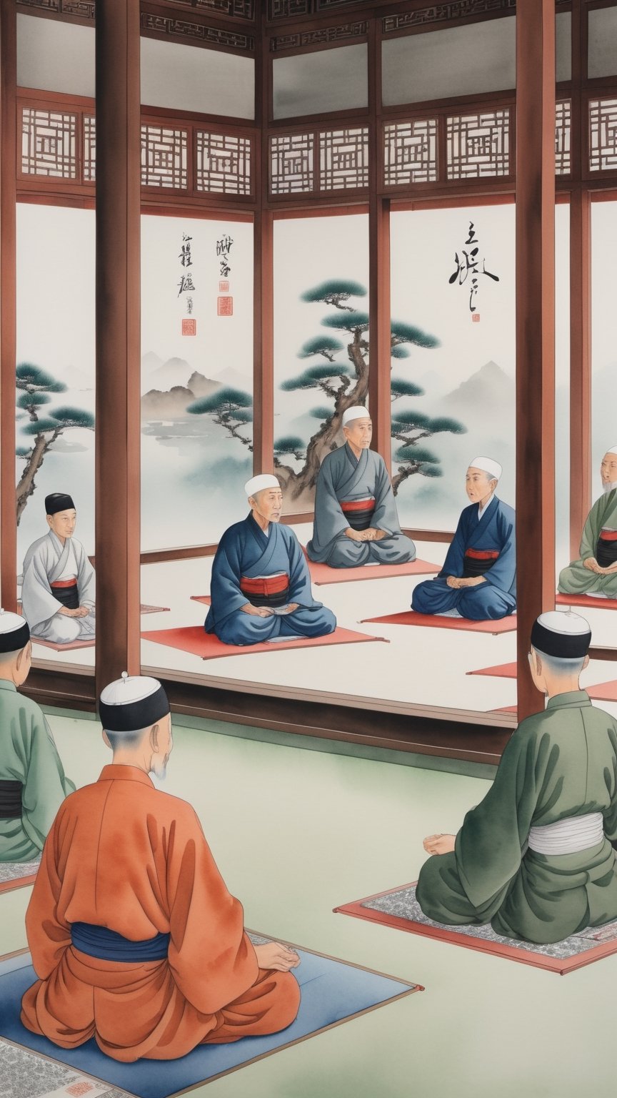 The students sit around the kiai or teacher during lessons, then they listen to the teacher's explanation, The camera focuses on the teacher, The teacher appears elderly, wise, serene, and pleasant, Background at mosque indoor,ChineseWatercolorPainting