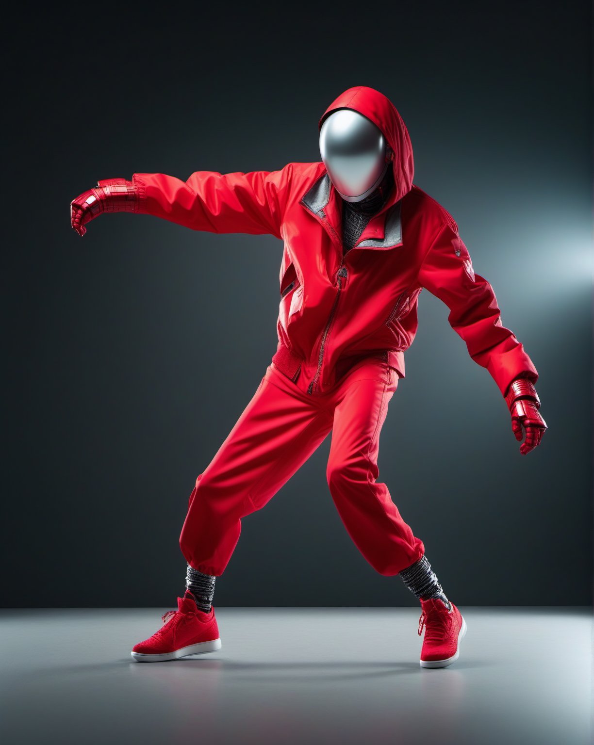 large format photo of a simple robot face, (wearing red outdoor jacket : 1.0), full body, break dance in studio light background, hard light, (eye level : 1.2), Aaton LTR with a 50mm lens, in style of Martin Schoeller ,moonster