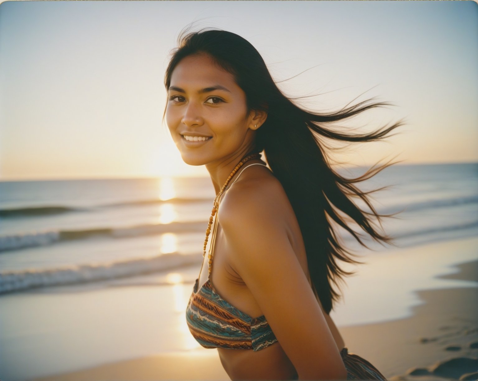 Lifestyle photography of a Native American woman, with dark hair in a high ponytail, having fun at a beach, (full body framing:1.2), with the ocean in the background, under the golden hour light, (shot from below:1.2), on a Polaroid SX-70 with Fujicolor Pro film, in the style of Walker Evans