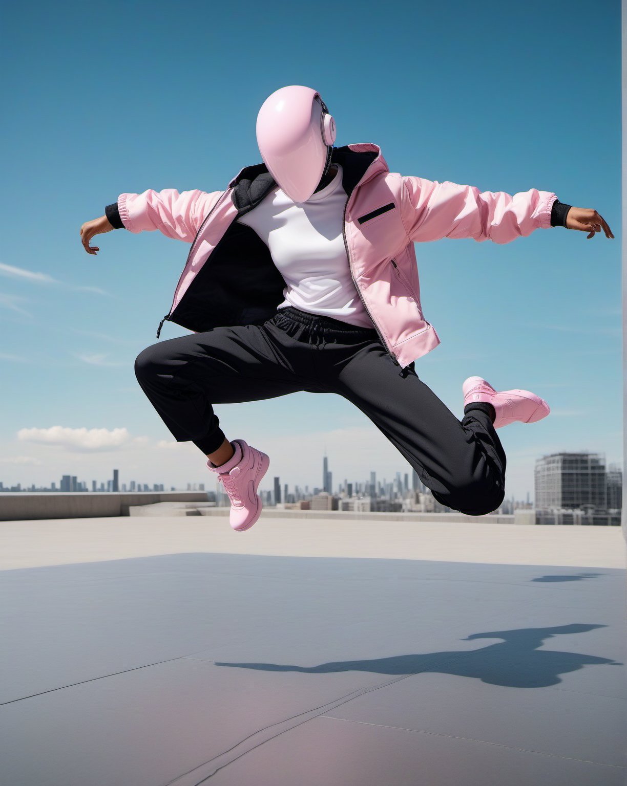 large format photo of a simple robot face, (wearing baby pink outdoor jacket and black short pants: 1.0), full body, freeze breakdance moves in white background, hard light, (eye level : 1.2), Aaton LTR with a 50mm lens, in style of Martin Schoeller ,moonster