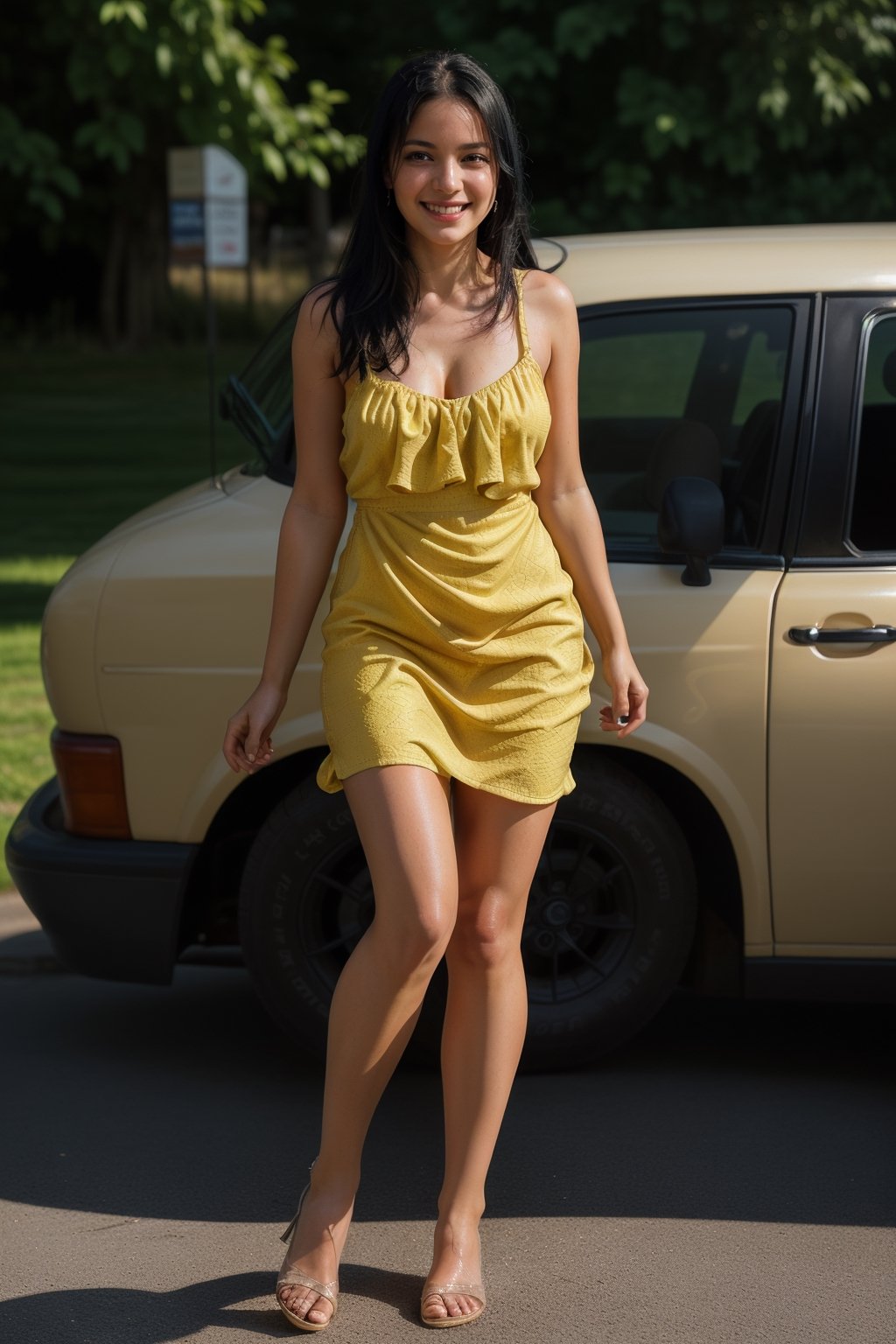 Create an HDR photo of a woman. The woman has long, messy black hair pulled back , which appear exceptionally vivid. She is smiling, wearing a yellow summer dress, captured during a summer evening. The photo should showcase high dynamic range (HDR) with vivid and rich details, displaying clear shadows and highlights. The image should appear realistic with intense, enhanced contrast and highly detailed textures. full body photography