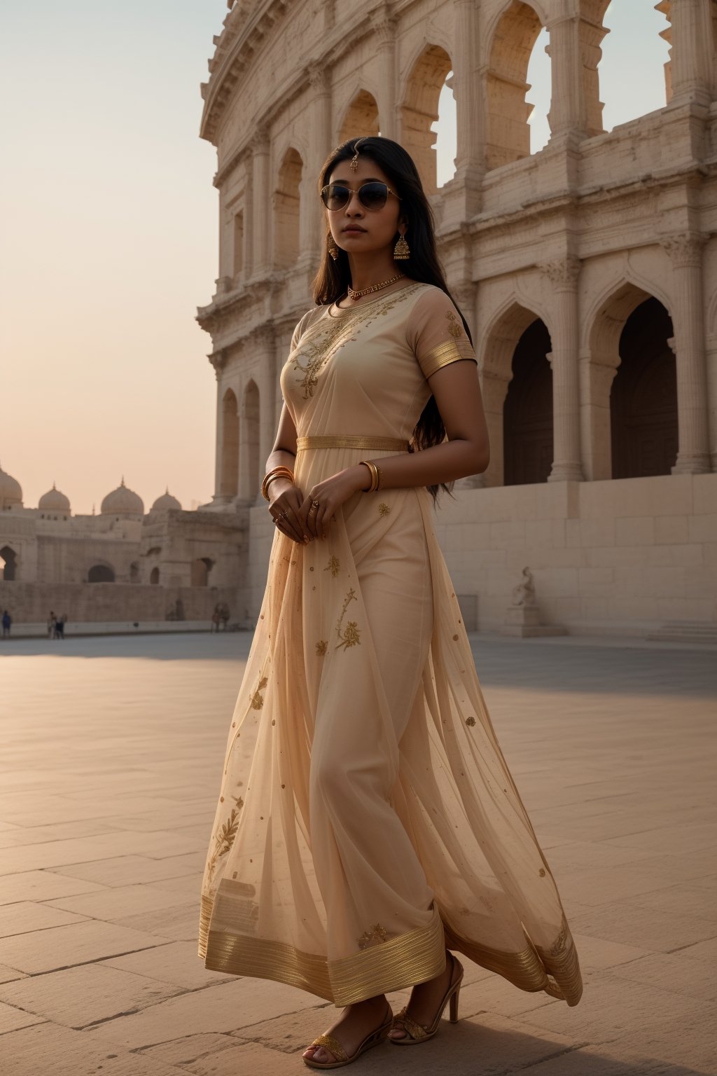 high-resolution full body photo of an indian woman wearing sunglasses and a Embroidered Georgette Flared Gown, photorealistic, stunningly beautiful, golden hour, Coliseum background, shot on a Sony A7III --ar 1:2 --stylize 750