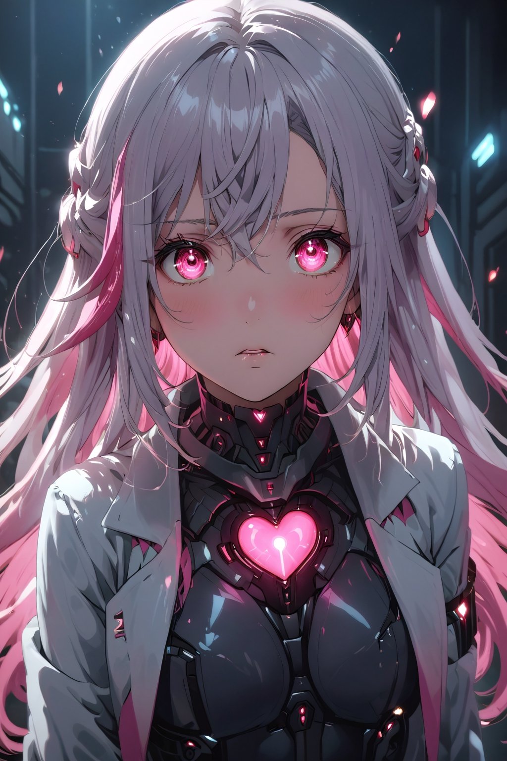 fine anime screencap_xl, Masterpiece, beautiful details, perfect focus, high resolution, exquisite texture in every detail, 1 girl, solo, bust_shot, light gray skin, android skin, non-human, robot girl, long and straight hair, light gray hair with pink tips, long flowing hair, looking at the viewer, surprised, blushing, beautiful, pink glowing eyes, heart symbols in eyes, black sclera, dark gray lab coat, scientist, detailed eyes, heart shaped pupils, ,anime_screencap,
