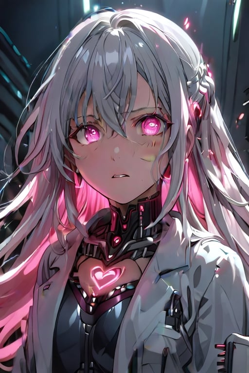 fine anime screencap_xl, Masterpiece, beautiful details, perfect focus, high resolution, exquisite texture in every detail, 1 girl, solo, bust_shot, light gray skin, android skin, non-human, robot girl, long and straight hair, light gray hair with pink tips, long flowing hair, looking at the viewer, surprised, blushing,  beautiful, pink glowing eyes, heart symbols in eyes, black sclera, dark gray lab coat, scientist, detailed eyes, heart shaped pupils, ,anime_screencap, 