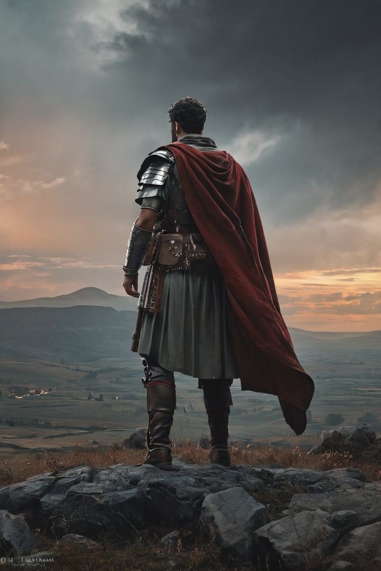 1 man, Roman legionaire, observing a battlefield, (RAW photo, best quality), (realistic, photo-Realistic:1.3), best quality, masterpiece, beautiful and aesthetic, 32K, high contrast, (vibrant color:1.4), cinematic lighting, ambient lighting, sidelighting, exquisite details and textures, cinematic shot, (bright and intense:1.2), a flawlessly composed and exquisitely lit photograph captures the essence of art, filigree elements, glowing accents, perfect composition on complex backgrounds, breathtaking surreal masterpiece, hyperrealistic inspired by Egon Schiele, Luis Royo, artistic, enchanting colors, masterful shadows, hyper details, hyperrealistic, otherworldly, by Yoshitaka Amano, Yoji Shinkawa, complex background, perfect composition, epic, rtx on, octane render, UHD, ghost person