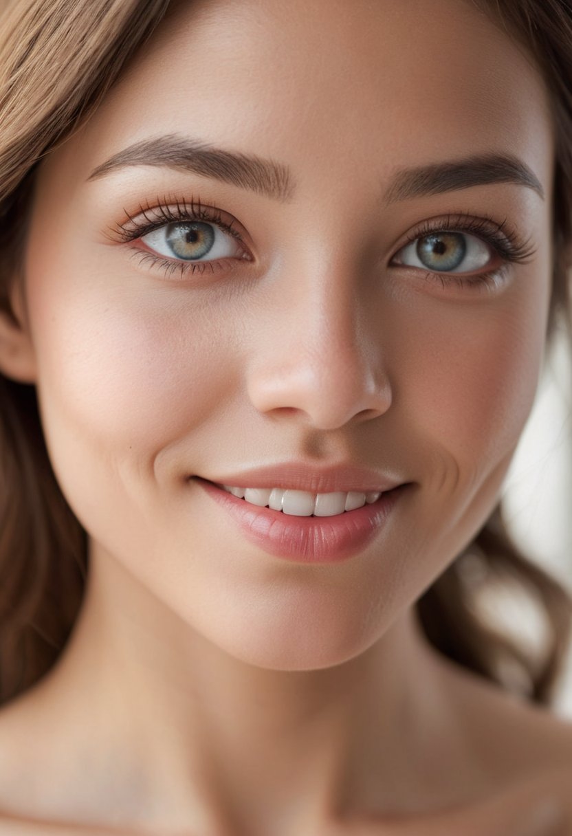 A close-up portrait shot of a serene individual, featuring a stunningly beautiful face with intricate, detailed eyes and luscious lips. Soft, natural lighting illuminates the subject's features, accentuating the subtle curves of their smile. The composition is minimalist, focusing attention solely on the captivating visage, as if frozen in time