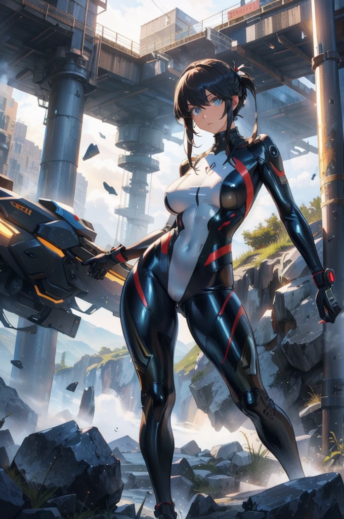 2 girls, looking around, weapons at the ready, dynamic stance, huge breasts, huge curvy hips, narrow waist, skinny, skin tight translucent white glossy smooth bodysuit, armor, futuristic, sci-fi, cyberware, cybertech, unexplored world, mist, ancient marvelous structures, ultra highres, atmosphere of mystery and danger, (detailed face:1.2), (detailed eyes:1.2), detailed background, intricate, foggy landscape, masterpiece, best quality, perfect, Enhance, FUJI, rubbersuit02, rubbersuit, realhands, Extremely Realistic, latex suit, rubber suit