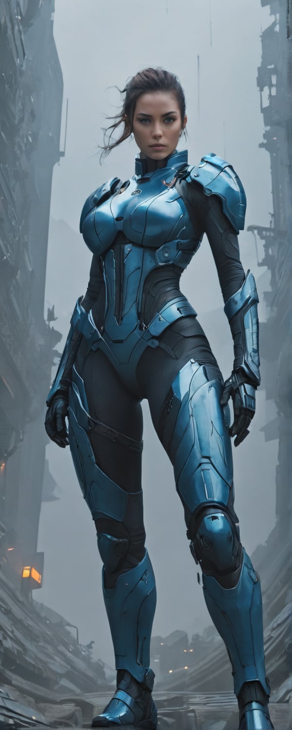 1 girl, looking around, weapon at the ready, dynamic stance, huge breasts, huge curvy hips, narrow waist, skinny, skin tight battle suit, cerulean blue, armor, futuristic, sci-fi, cyberware, cybertech, unexplored world, mist, ancient marvelous structures, ultra highres, atmosphere of mystery and danger, (detailed face:1.2), (detailed eyes:1.2), detailed background, intricate, foggy landscape, intricate design and details, ultra detailed, highest detail quality, ultra realistic, photography lighting, overcast reflection mapping, photorealistic, cinematic, movie quality rendering, octane rendering, focused, 8k, depth of field, real shadow, vfx post production,full_body