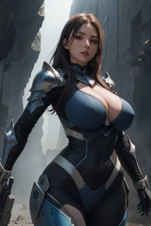 2 girls, looking around, weapons at the ready, dynamic stance, huge breasts, huge curvy hips, narrow waist, skinny, skin tight battle suit, cerulean blue, armor, futuristic, sci-fi, cyberware, cybertech, unexplored world, mist, ancient marvelous structures, ultra highres, atmosphere of mystery and danger, (detailed face:1.2), (detailed eyes:1.2), detailed background, intricate, foggy landscape, masterpiece, best quality