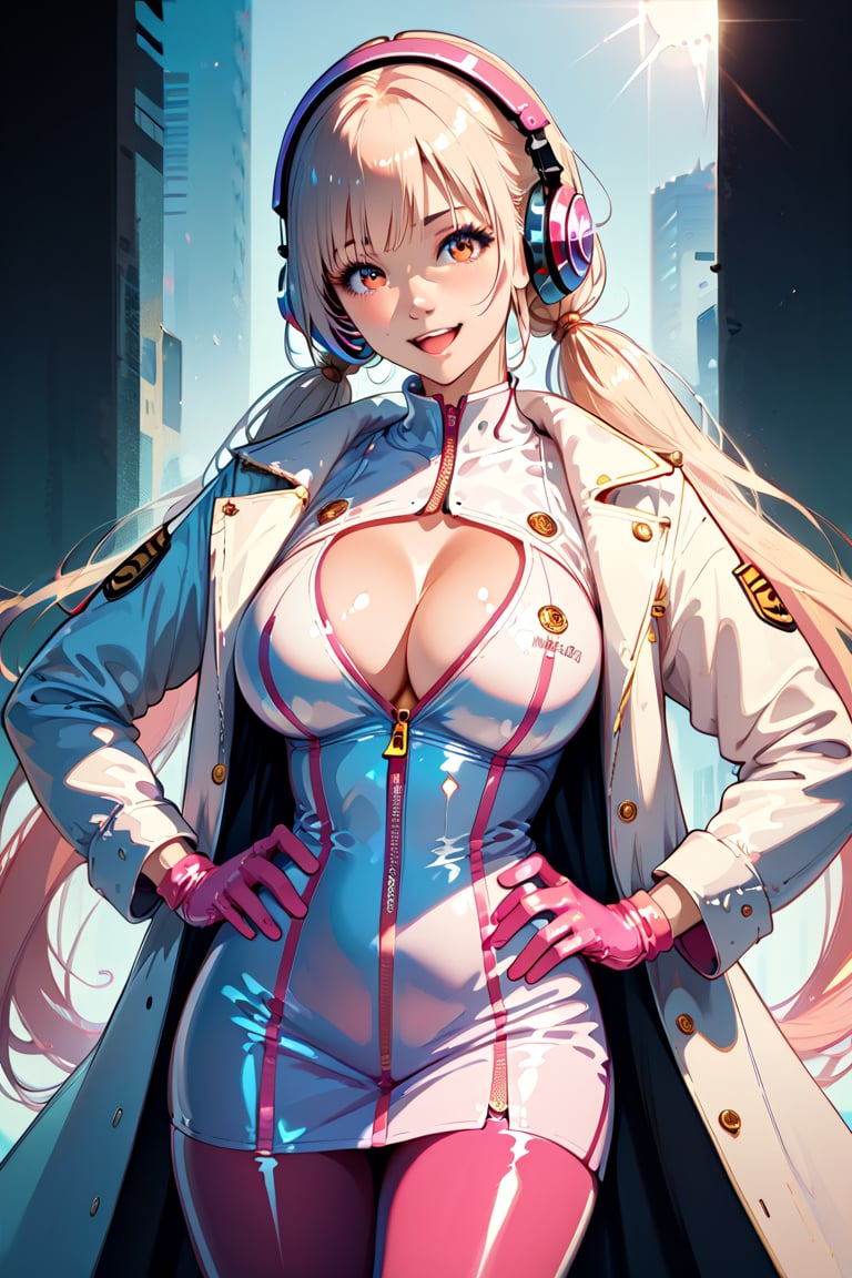 score_9, score_8_up, score_7_up,, score_6_up, (Masterpiece, Best Quality: 1.2), asian girl, long hair, smile, open mouth, bangs, big breasts, gloves, long sleeves, cleavage, twin tails, coat, smiling, shiny, hands on hips, shiny skin, v-shaped, headphones, tight clothing, gown, shiny clothes, latex, pink gloves, pink latex tights, big breasts, nudity, zipper completely open, sexy pose, facing the viewer, ultra highres, (detailed face:1.2), (detailed eyes:1.2), intricate, intricate design and details, ultra detailed, highest detail quality, ultra realistic, photography lighting, overcast reflection mapping, score_5_up