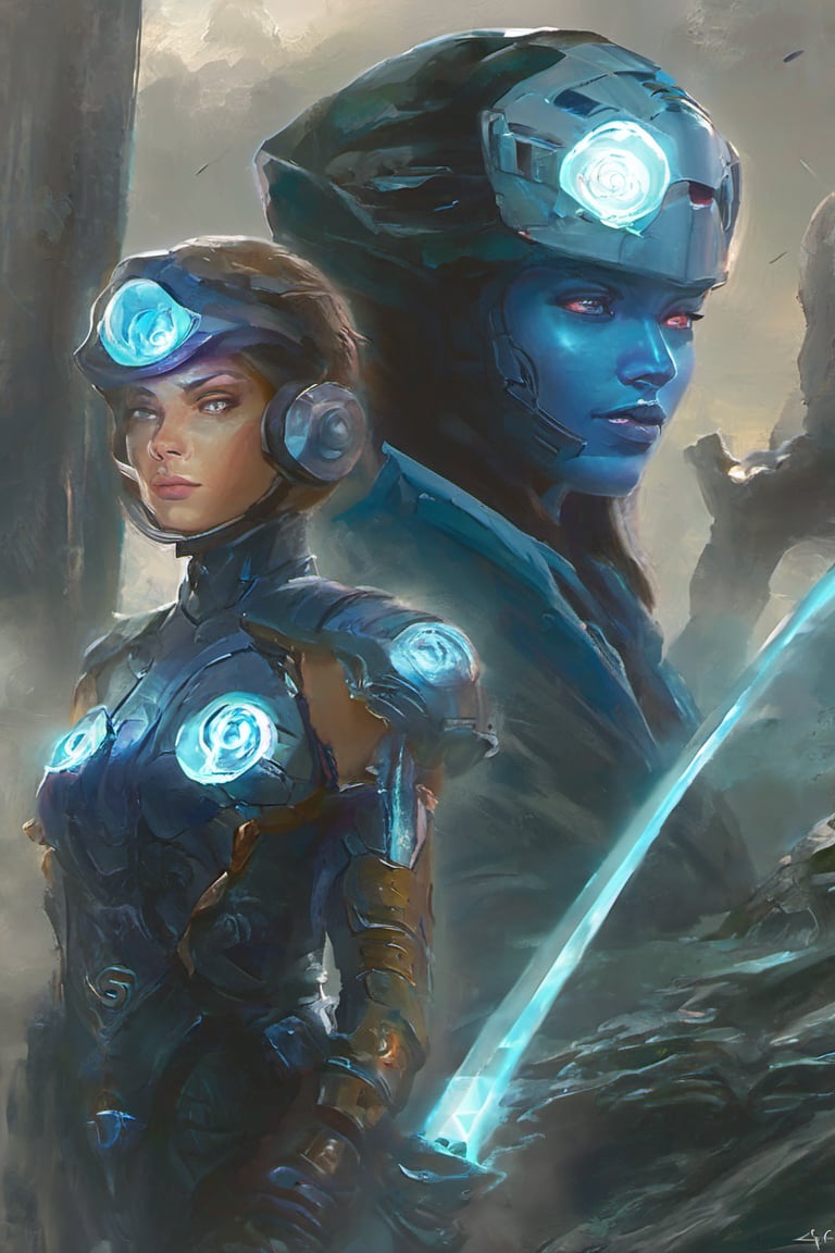 2 girls, looking around, weapons at the ready, dynamic stance, huge breasts, huge curvy hips, narrow waist, skinny, skin tight battle suit, cerulean blue, armor, futuristic, sci-fi, cyberware, cybertech, unexplored world, mist, ancient marvelous structures, ultra highres, atmosphere of mystery and danger, (detailed face:1.2), (detailed eyes:1.2), detailed background, intricate, foggy landscape, ghost person,artistic oil painting stick