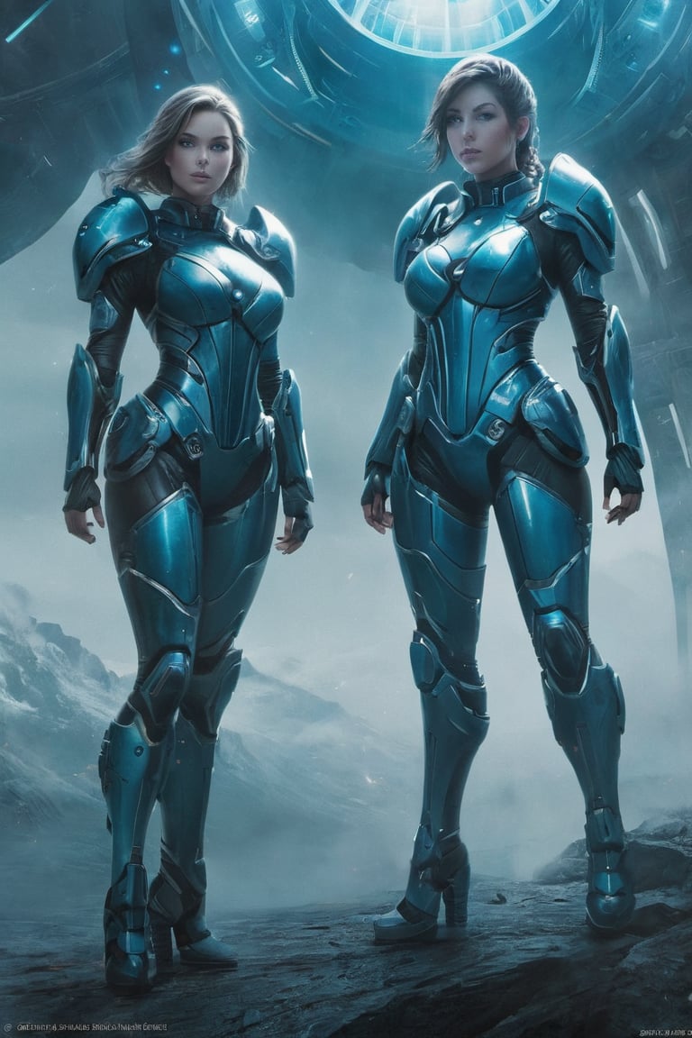 2 girls, looking around, weapons at the ready, dynamic stance, huge breasts, huge curvy hips, narrow waist, skinny, skin tight battle suit, cerulean blue, armor, futuristic, sci-fi, cyberware, cybertech, unexplored world, mist, ancient marvelous structures, ultra highres, atmosphere of mystery and danger, (detailed face:1.2), (detailed eyes:1.2), detailed background, intricate, foggy landscape, ghost person