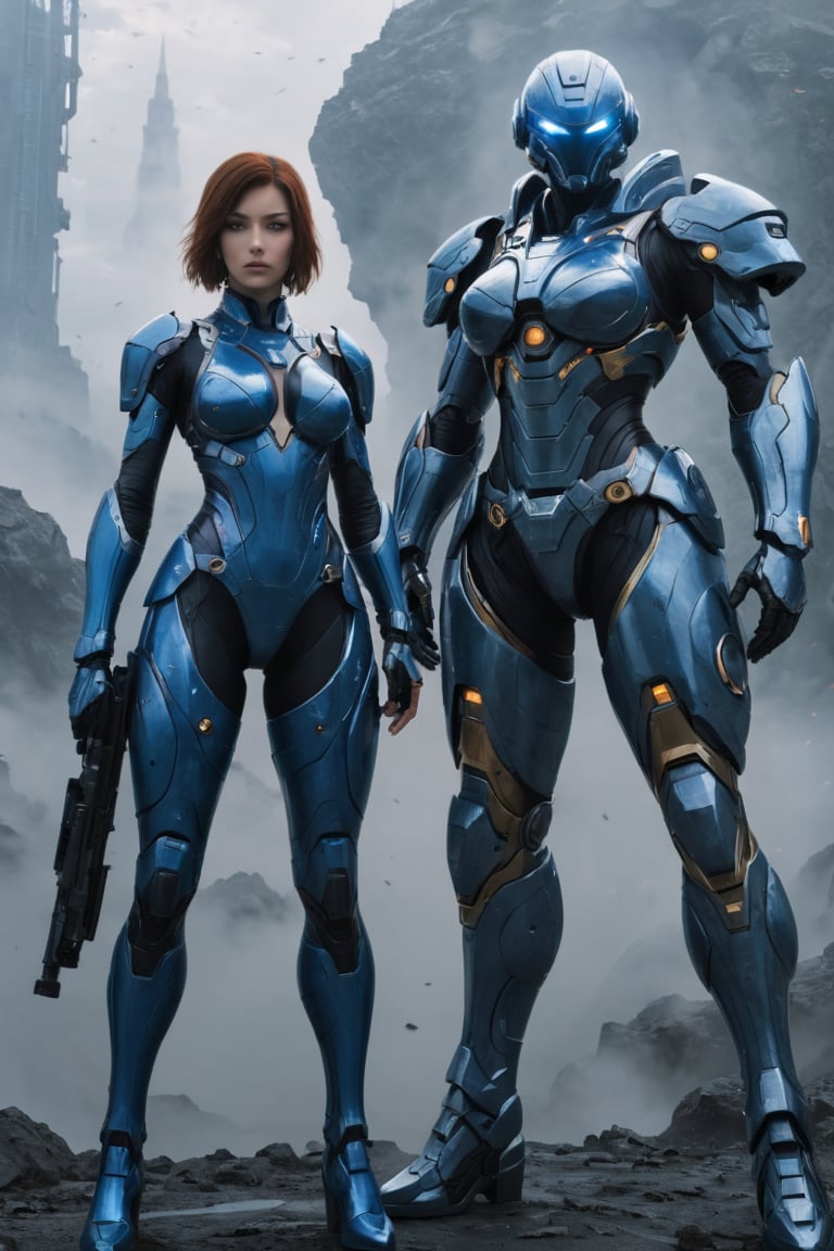 2 girls, looking around, weapons at the ready, dynamic stance, huge breasts, huge curvy hips, narrow waist, skinny, skin tight battle suit, cerulean blue, armor, futuristic, sci-fi, cyberware, cybertech, unexplored world, mist, ancient marvelous structures, ultra highres, atmosphere of mystery and danger, (detailed face:1.2), (detailed eyes:1.2), detailed background, intricate, foggy landscape, more detail XL, movie still, photorealistic, photo, realistic, dramatic lighting, highly detailed, sharp focus , dramatic mood, neoclassicism