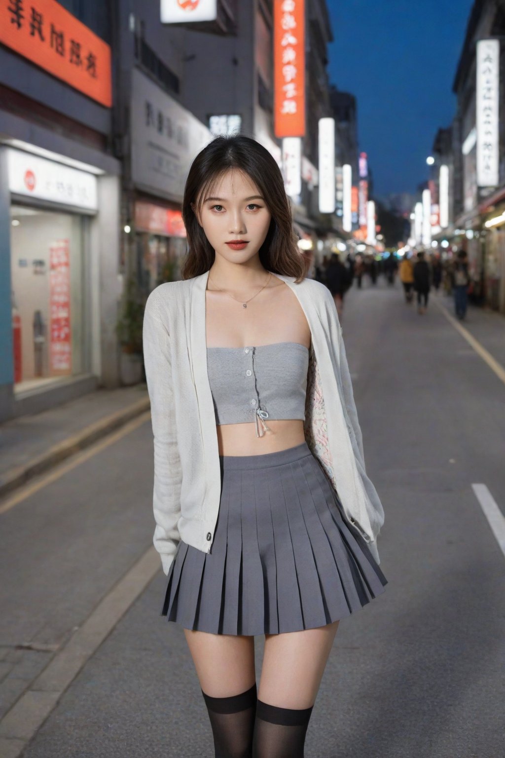 Asian female standing on the street,OOTD,Outfit of the Day,full_body,solo,grey pleated skirt, grey cardigan, stockings,full_body, full body shot, long legs, perfect hands, perfect lighting, vibrant colors, intricate details, high detailed skin, intricate background, realistic, raw, analog, taken by Canon EOS,SIGMA Art Lens 35mm F1.4,ISO 200 Shutter Speed 2000,Vivid picture,hubggirl