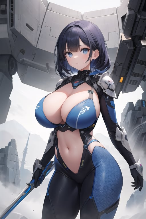 2 girls, looking around, weapons at the ready, dynamic stance, huge breasts, huge curvy hips, narrow waist, skinny, skin tight battle suit, cerulean blue, armor, futuristic, sci-fi, cyberware, cybertech, unexplored world, mist, ancient marvelous structures, ultra highres, atmosphere of mystery and danger, (detailed face:1.2), (detailed eyes:1.2), detailed background, intricate, foggy landscape, masterpiece, best quality