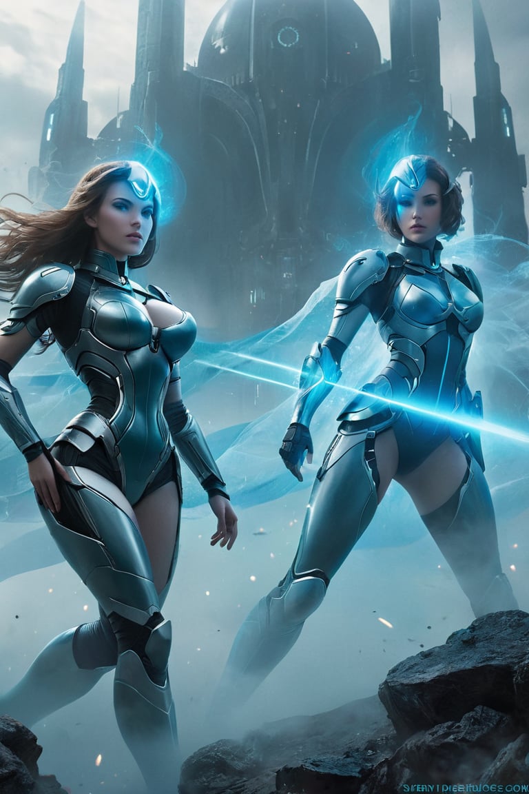 2 girls, looking around, weapons at the ready, dynamic stance, huge breasts, huge curvy hips, narrow waist, skinny, skin tight battle suit, cerulean blue, armor, futuristic, sci-fi, cyberware, cybertech, unexplored world, mist, ancient marvelous structures, ultra highres, atmosphere of mystery and danger, (detailed face:1.2), (detailed eyes:1.2), detailed background, intricate, foggy landscape, ghost person