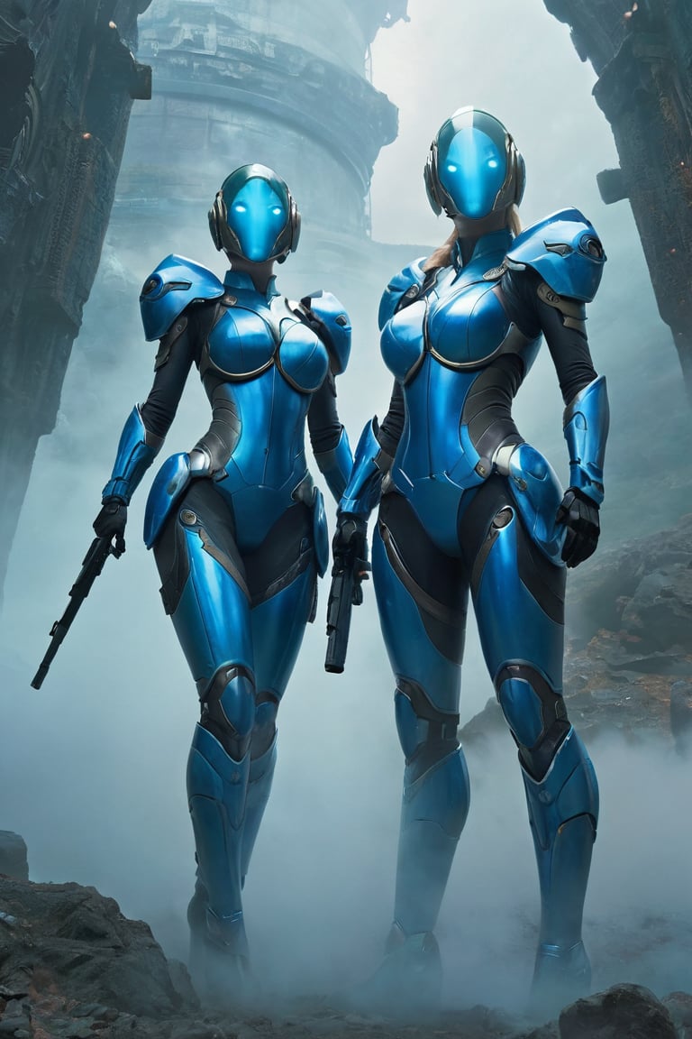 2 girls, looking around, weapons at the ready, dynamic stance, huge breasts, huge curvy hips, narrow waist, skinny, skin tight battle suit, cerulean blue, armor, futuristic, sci-fi, cyberware, cybertech, unexplored world, mist, ancient marvelous structures, ultra highres, atmosphere of mystery and danger, (detailed face:1.2), (detailed eyes:1.2), detailed background, intricate, foggy landscape, ghost person