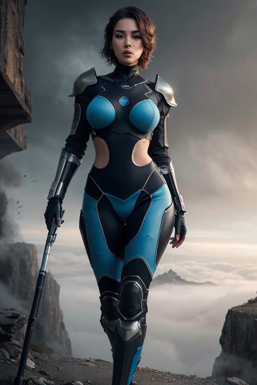 2 girls, looking around, weapons at the ready, dynamic stance, huge breasts, huge curvy hips, narrow waist, skinny, skin tight battle suit, cerulean blue, armor, futuristic, sci-fi, cyberware, cybertech, unexplored world, mist, ancient marvelous structures, ultra highres, atmosphere of mystery and danger, (detailed face:1.2), (detailed eyes:1.2), detailed background, intricate, foggy landscape, masterpiece, best quality