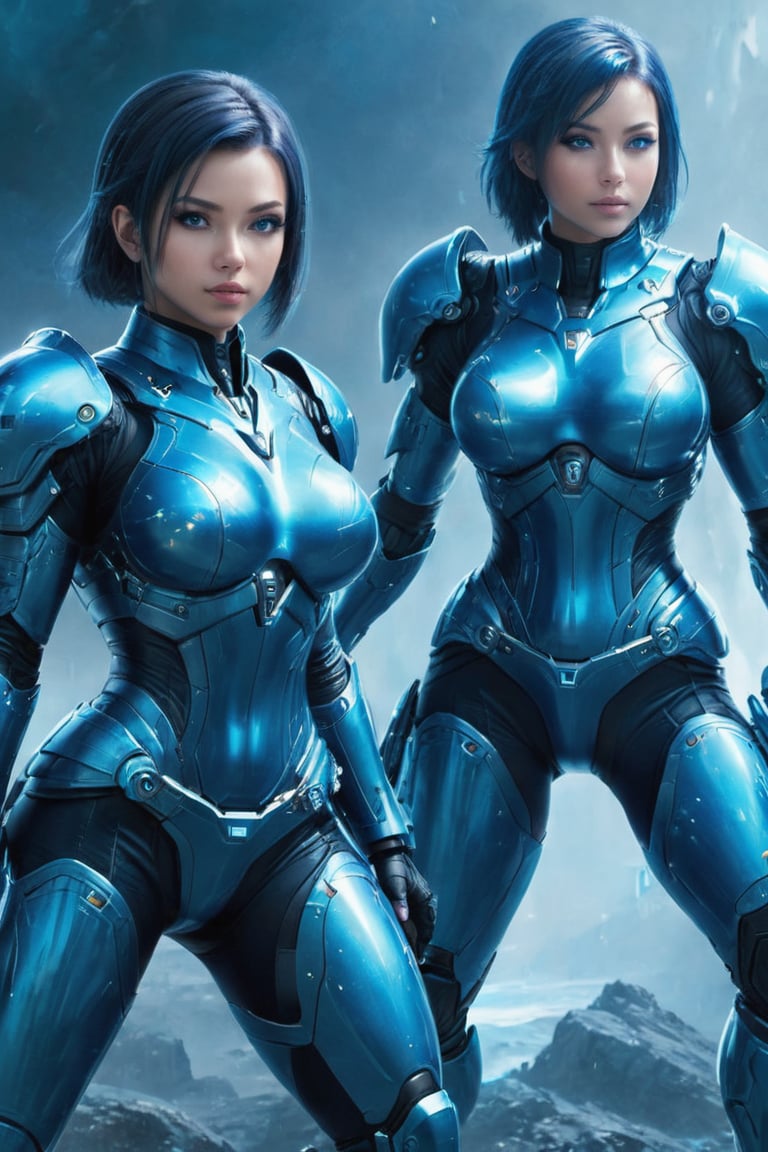 2 girls, looking around, weapons at the ready, dynamic stance, huge breasts, huge curvy hips, narrow waist, skinny, skin tight battle suit, cerulean blue, armor, futuristic, sci-fi, cyberware, cybertech, unexplored world, mist, ancient marvelous structures, ultra highres, atmosphere of mystery and danger, (detailed face:1.2), (detailed eyes:1.2), detailed background, intricate, foggy landscape