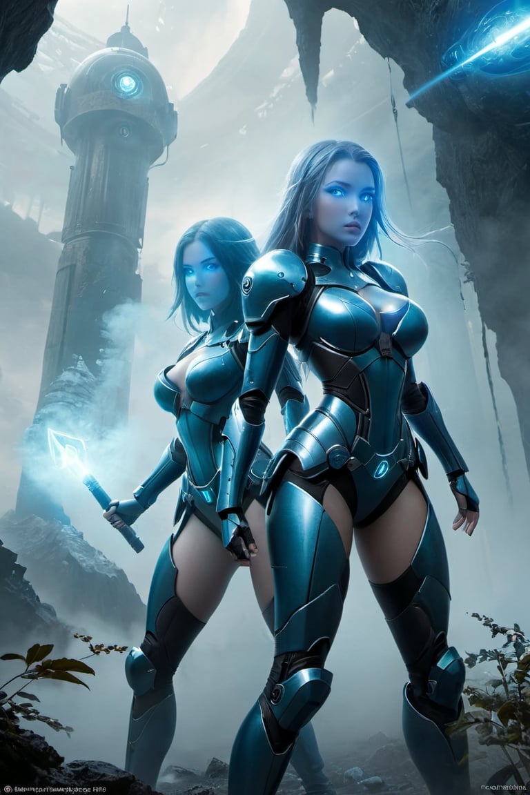 2 girls, looking around, weapons at the ready, dynamic stance, huge breasts, huge curvy hips, narrow waist, skinny, skin tight battle suit, cerulean blue, armor, futuristic, sci-fi, cyberware, cybertech, unexplored world, mist, ancient marvelous structures, ultra highres, atmosphere of mystery and danger, (detailed face:1.2), (detailed eyes:1.2), detailed background, intricate, foggy landscape, ghost person