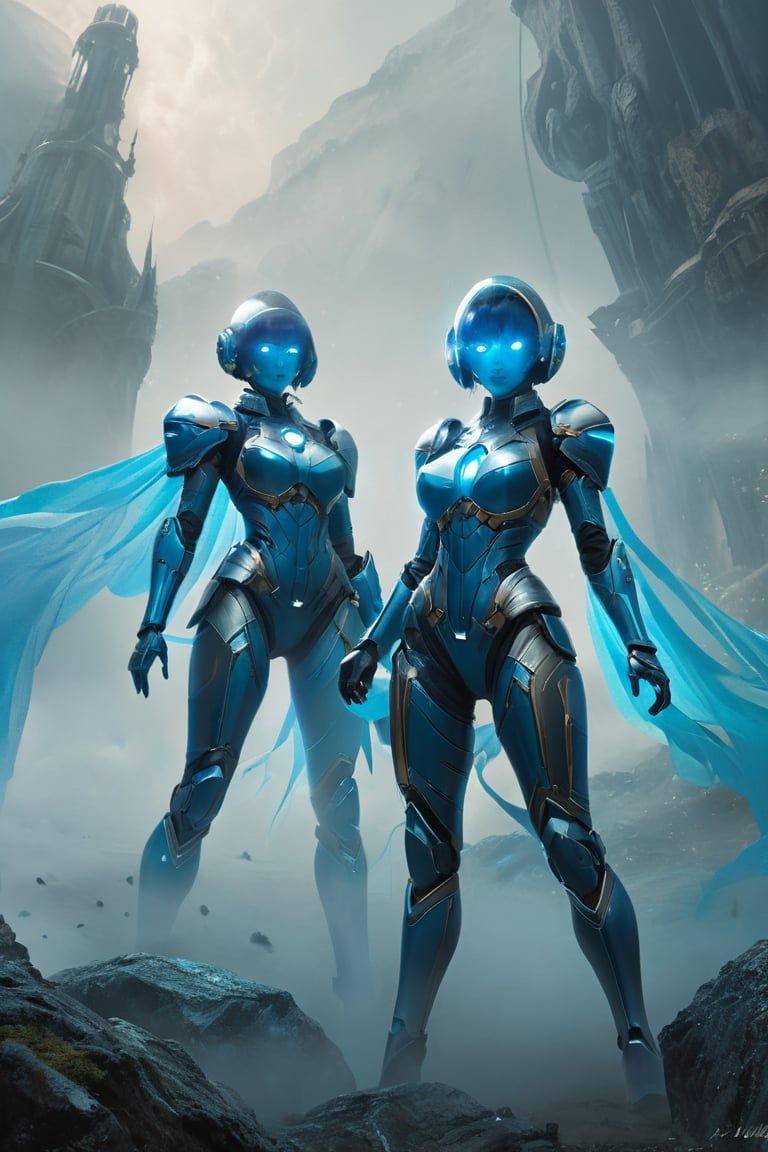 2 girls, looking around, weapons at the ready, dynamic stance, huge breasts, huge curvy hips, narrow waist, skinny, skin tight battle suit, cerulean blue, armor, futuristic, sci-fi, cyberware, cybertech, unexplored world, mist, ancient marvelous structures, ultra highres, atmosphere of mystery and danger, (detailed face:1.2), (detailed eyes:1.2), detailed background, intricate, foggy landscape, ghost person