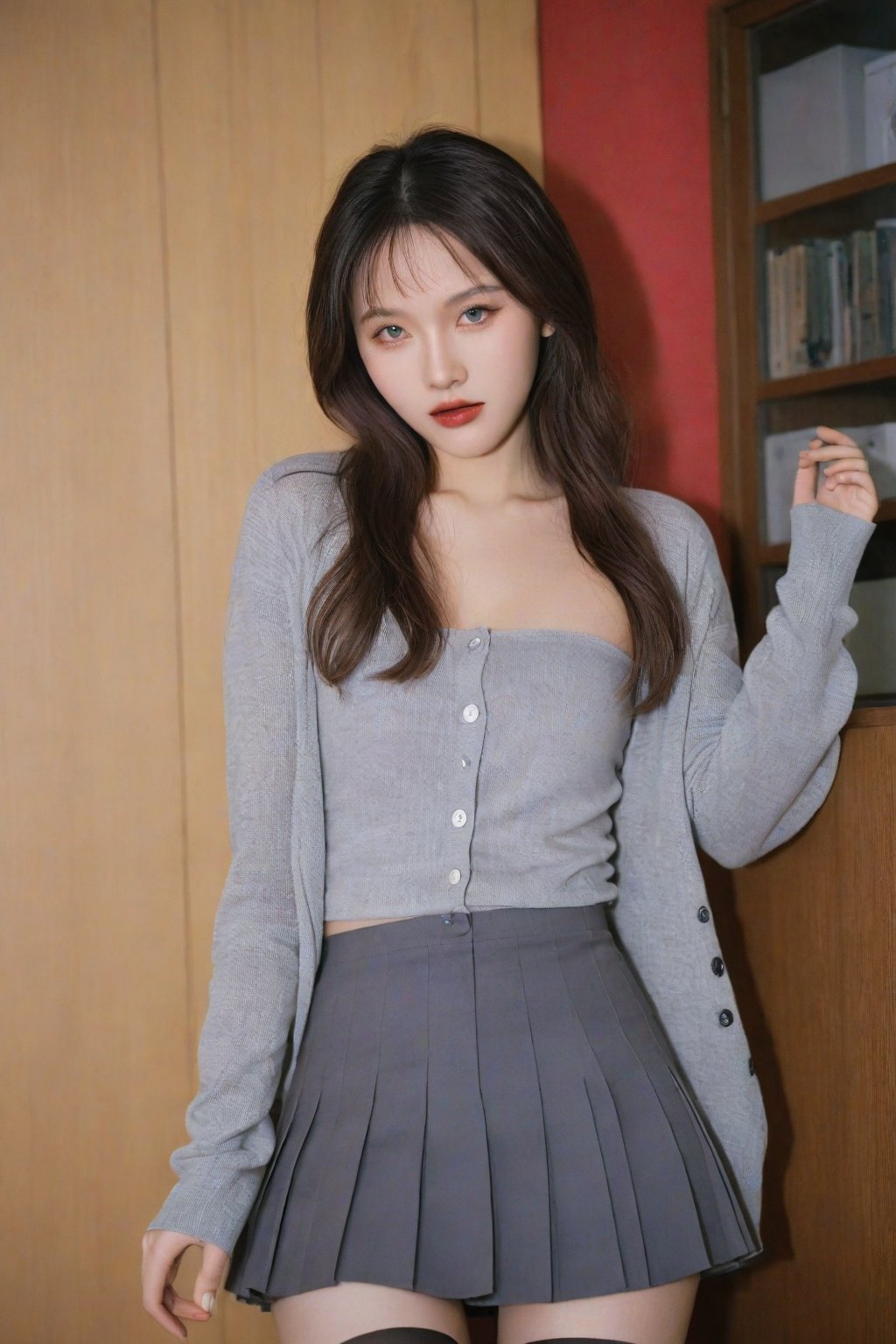 grey pleated skirt, grey cardigan, stockings,full_body, perfect hands, perfect lighting, vibrant colors, intricate details, high detailed skin, intricate background, realistic, raw, analog, taken by Canon EOS,SIGMA Art Lens 35mm F1.4,ISO 200 Shutter Speed 2000,Vivid picture,hubggirl