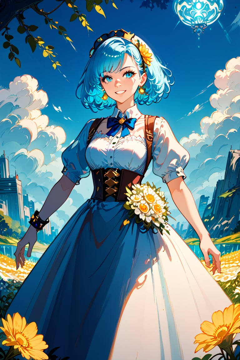 score_9, score_8_up, score_7_up,, score_6_up, A curious young woman with a bouquet of vibrant flowers stands amidst a fantastical landscape inspired by Wonderland's whimsy. In the background, a glowing alien cityscape stretches towards the sky, illuminated by an ethereal blue light. The young woman's bright smile and outstretched arms seem to welcome the extraterrestrial visitors, as if showcasing her own little patch of wonder in this surreal science fiction world. masterpiece, best quality, score_5_up