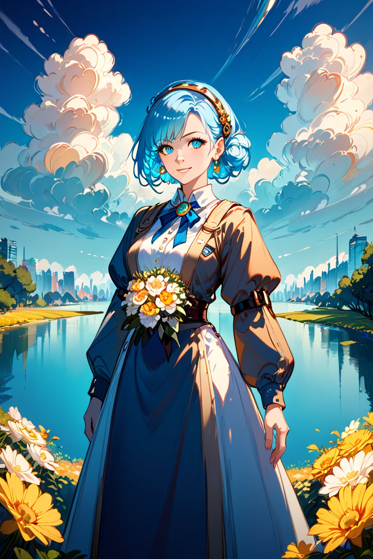 score_9, score_8_up, score_7_up,, score_6_up, A curious young woman with a bouquet of vibrant flowers stands amidst a fantastical landscape inspired by Wonderland's whimsy. In the background, a glowing alien cityscape stretches towards the sky, illuminated by an ethereal blue light. The young woman's bright smile and outstretched arms seem to welcome the extraterrestrial visitors, as if showcasing her own little patch of wonder in this surreal science fiction world. masterpiece, best quality, score_5_up