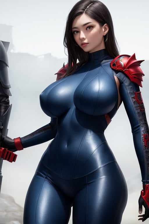 2 girls, looking around, weapons at the ready, dynamic stance, huge breasts, huge curvy hips, narrow waist, skinny, skin tight battle suit, cerulean blue, armor, futuristic, sci-fi, cyberware, cybertech, unexplored world, mist, ancient marvelous structures, ultra highres, atmosphere of mystery and danger, (detailed face:1.2), (detailed eyes:1.2), detailed background, intricate, foggy landscape, Masterpiece