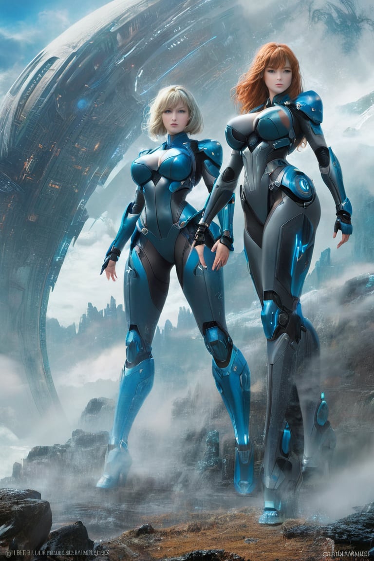 2 girls, looking around, weapons at the ready, dynamic stance, huge breasts, huge curvy hips, narrow waist, skinny, skin tight battle suit, cerulean blue, armor, futuristic, sci-fi, cyberware, cybertech, unexplored world, mist, ancient marvelous structures, ultra highres, atmosphere of mystery and danger, (detailed face:1.2), (detailed eyes:1.2), detailed background, intricate, foggy landscape, ghost person