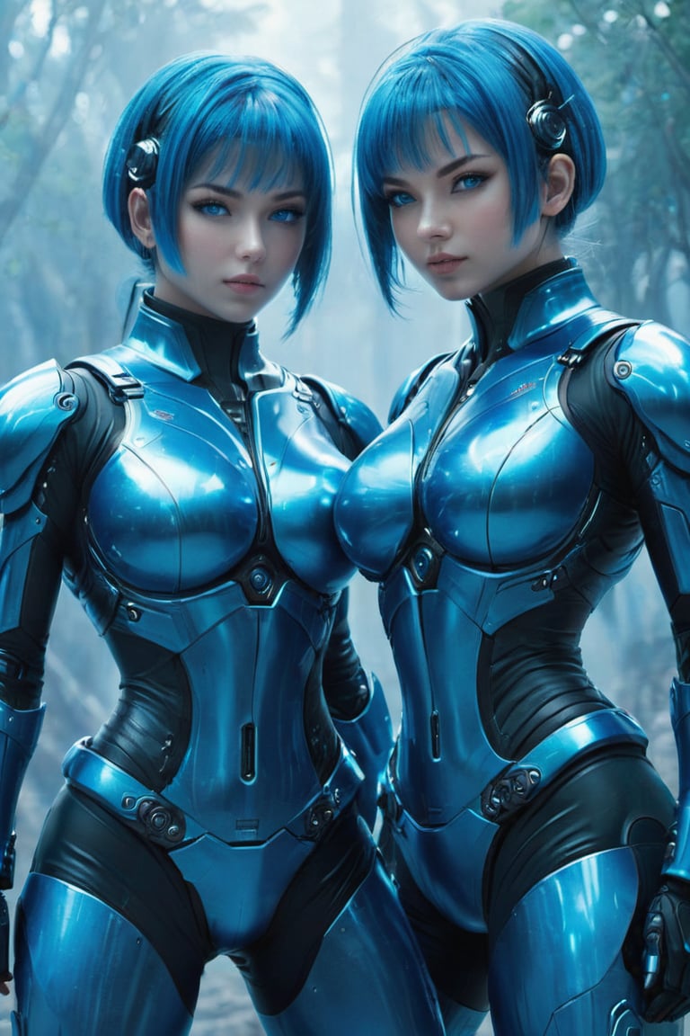 2 girls, looking around, weapons at the ready, dynamic stance, huge breasts, huge curvy hips, narrow waist, skinny, skin tight battle suit, cerulean blue, armor, futuristic, sci-fi, cyberware, cybertech, unexplored world, mist, ancient marvelous structures, ultra highres, atmosphere of mystery and danger, (detailed face:1.2), (detailed eyes:1.2), detailed background, intricate, foggy landscape