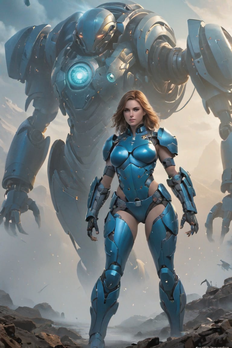 2 girls, looking around, weapons at the ready, dynamic stance, huge breasts, huge curvy hips, narrow waist, skinny, skin tight battle suit, cerulean blue, armor, futuristic, sci-fi, cyberware, cybertech, unexplored world, mist, ancient marvelous structures, ultra highres, atmosphere of mystery and danger, (detailed face:1.2), (detailed eyes:1.2), detailed background, intricate, foggy landscape, style by greg rutkowski, ultra realistic, masterpiece, sharp focus, sharp details, highly detailed, rich color, 8K,style of Greg Rutkowski