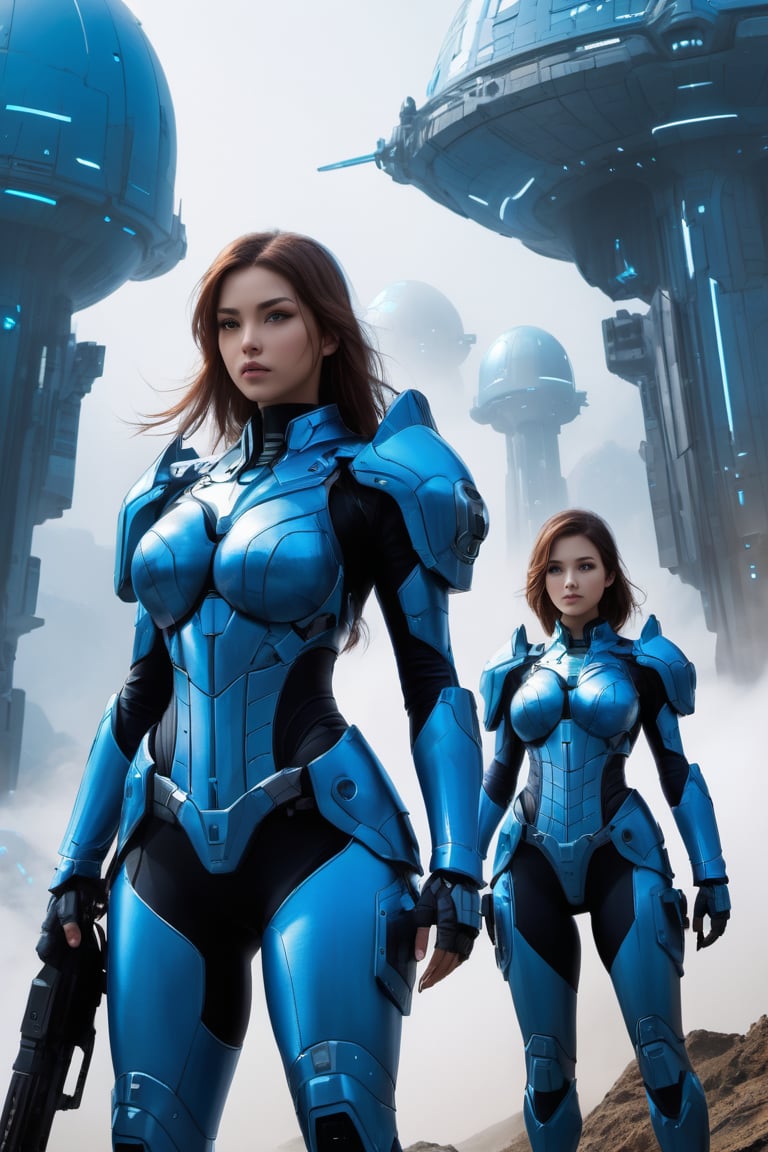 2 girls, looking around, weapons at the ready, dynamic stance, huge breasts, huge curvy hips, narrow waist, skinny, skin tight battle suit, cerulean blue, armor, futuristic, sci-fi, cyberware, cybertech, unexplored world, mist, ancient marvelous structures, ultra highres, atmosphere of mystery and danger, (detailed face:1.2), (detailed eyes:1.2), detailed background, intricate, foggy landscape, masterpiece, best quality,