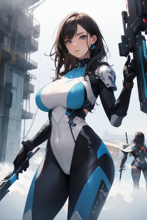 2 girls, looking around, weapons at the ready, dynamic stance, huge breasts, huge curvy hips, narrow waist, skinny, skin tight battle suit, cerulean blue, armor, futuristic, sci-fi, cyberware, cybertech, unexplored world, mist, ancient marvelous structures, ultra highres, atmosphere of mystery and danger, (detailed face:1.2), (detailed eyes:1.2), detailed background, intricate, foggy landscape, masterpiece, best quality