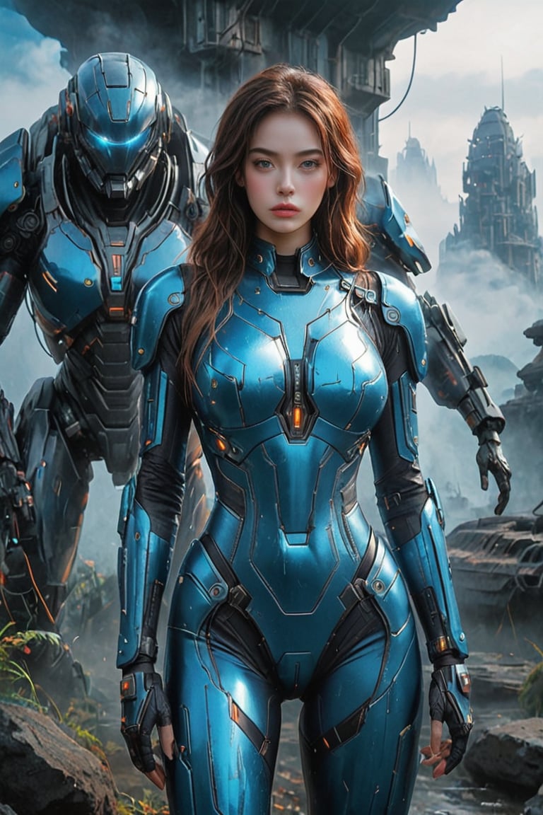 2 girls, looking around, weapons at the ready, dynamic stance, huge breasts, huge curvy hips, narrow waist, skinny, skin tight battle suit, cerulean blue, armor, futuristic, sci-fi, cyberware, cybertech, unexplored world, mist, ancient marvelous structures, ultra highres, atmosphere of mystery and danger, (detailed face:1.2), (detailed eyes:1.2), detailed background, intricate, foggy landscape, photo