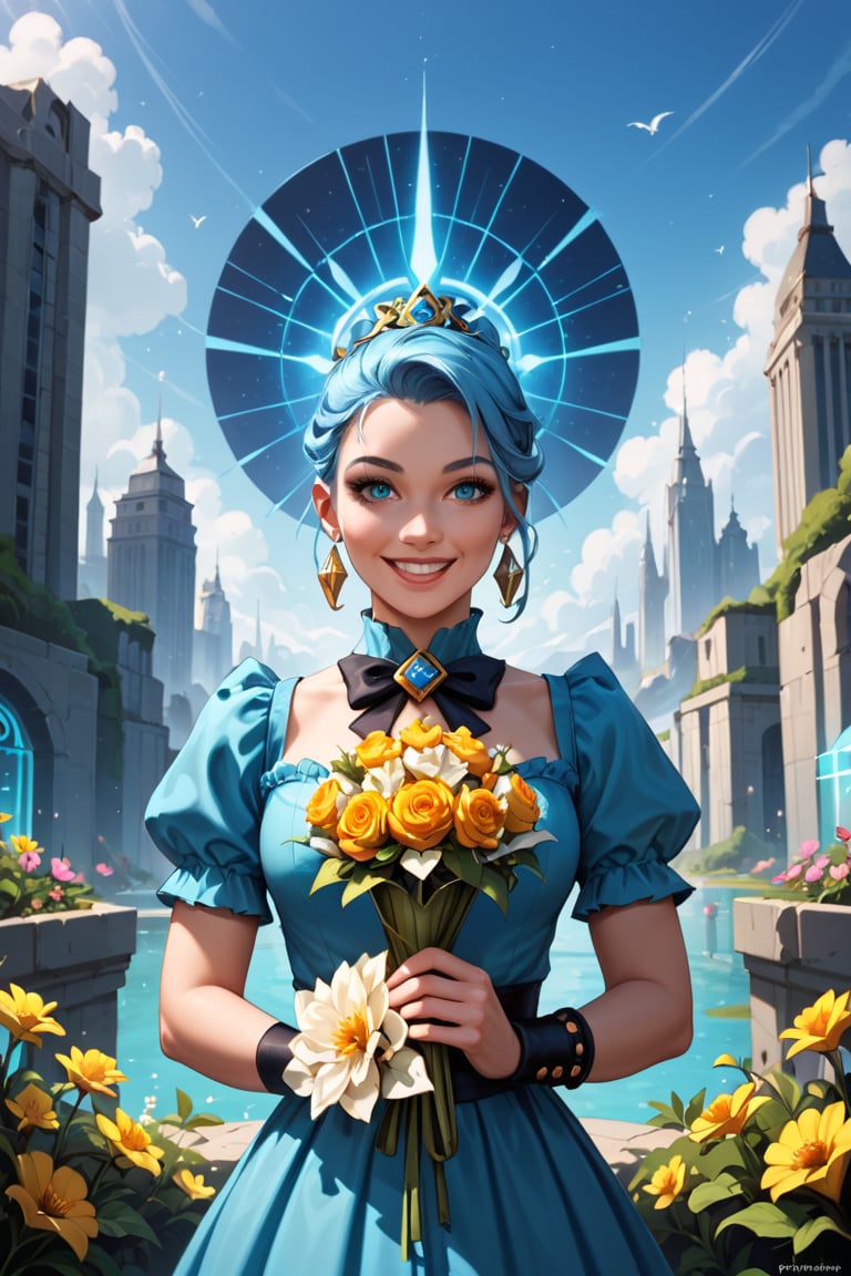 score_9, score_8_up, score_7_up,, score_6_up, A curious young woman with a bouquet of vibrant flowers stands amidst a fantastical landscape inspired by Wonderland's whimsy. In the background, a glowing alien cityscape stretches towards the sky, illuminated by an ethereal blue light. The young woman's bright smile and outstretched arms seem to welcome the extraterrestrial visitors, as if showcasing her own little patch of wonder in this surreal science fiction world. masterpiece, best quality, score_5_up