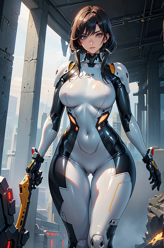 2 girls, looking around, weapons at the ready, dynamic stance, huge breasts, huge curvy hips, narrow waist, skinny, skin tight translucent white glossy smooth bodysuit, armor, futuristic, sci-fi, cyberware, cybertech, unexplored world, mist, ancient marvelous structures, ultra highres, atmosphere of mystery and danger, (detailed face:1.2), (detailed eyes:1.2), detailed background, intricate, foggy landscape, masterpiece, best quality, perfect, Enhance, FUJI, rubbersuit02, rubbersuit, realhands, Extremely Realistic, latex suit, rubber suit,Anime