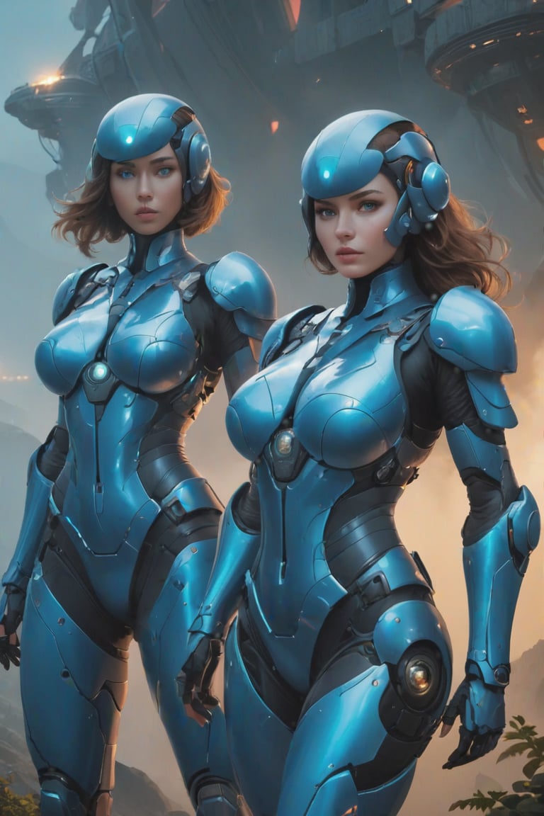 2 girls, looking around, weapons at the ready, dynamic stance, huge breasts, huge curvy hips, narrow waist, skinny, skin tight battle suit, cerulean blue, armor, futuristic, sci-fi, cyberware, cybertech, unexplored world, mist, ancient marvelous structures, ultra highres, atmosphere of mystery and danger, (detailed face:1.2), (detailed eyes:1.2), detailed background, intricate, foggy landscape, ultra realistic, masterpiece, sharp focus, sharp details, highly detailed, rich color, 8K