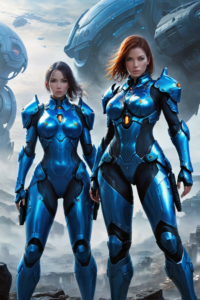 2 girls, looking around, weapons at the ready, dynamic stance, huge breasts, huge curvy hips, narrow waist, skinny, skin tight battle suit, cerulean blue, armor, futuristic, sci-fi, cyberware, cybertech, unexplored world, mist, ancient marvelous structures, ultra highres, atmosphere of mystery and danger, (detailed face:1.2), (detailed eyes:1.2), detailed background, intricate, foggy landscape