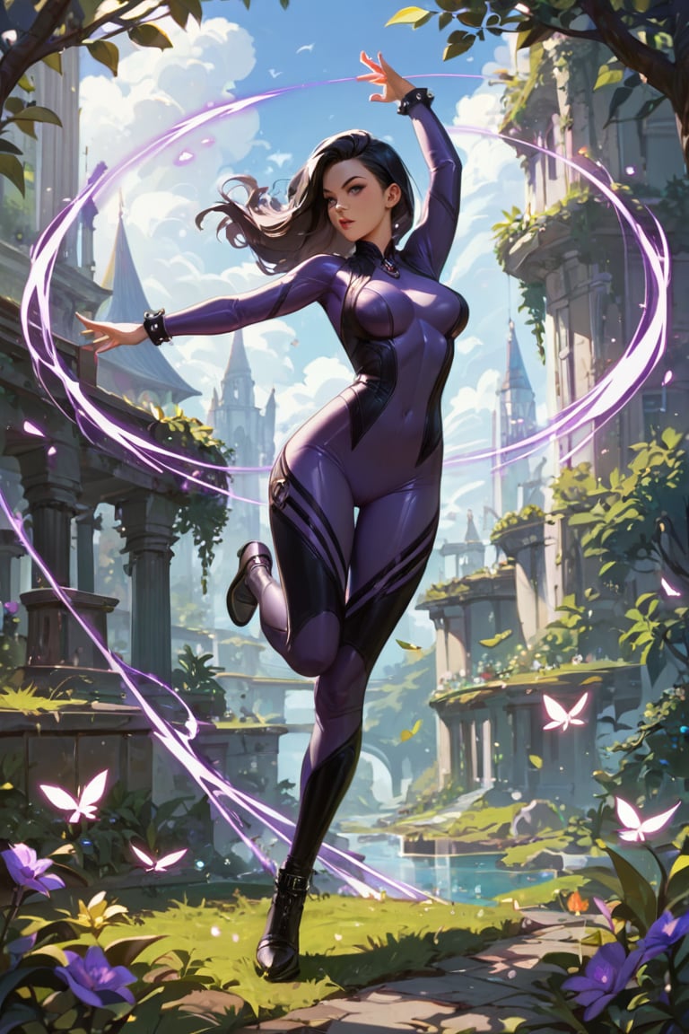 score_9, score_8_up, score_7_up, 1girl, full body, dynamic pose, purple catsuit, lush long black hair, in a gothic metropolis, best quality, HD32k