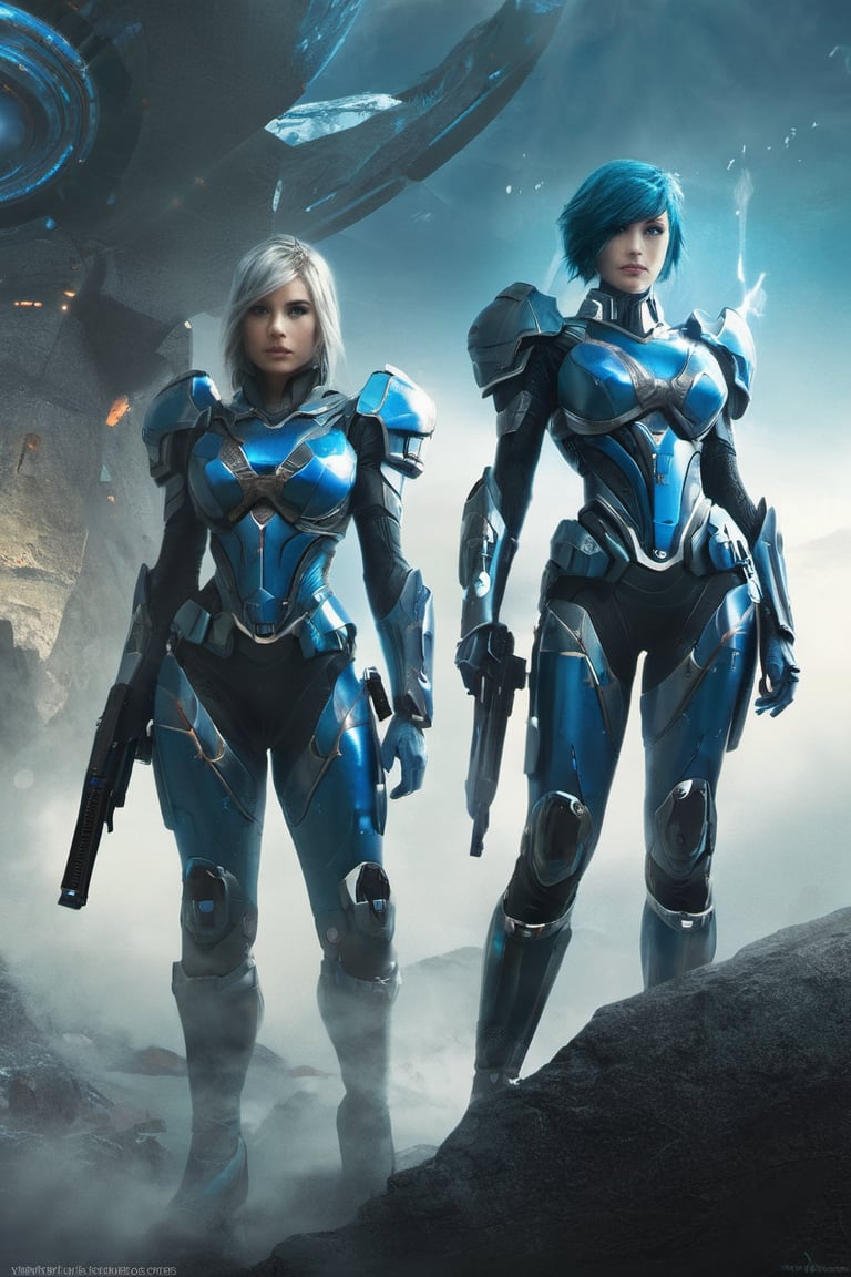 2 girls, looking around, weapons at the ready, dynamic stance, huge breasts, huge curvy hips, narrow waist, skinny, skin tight battle suit, cerulean blue, armor, futuristic, sci-fi, cyberware, cybertech, unexplored world, mist, ancient marvelous structures, ultra highres, atmosphere of mystery and danger, (detailed face:1.2), (detailed eyes:1.2), detailed background, intricate, foggy landscape, ghost person