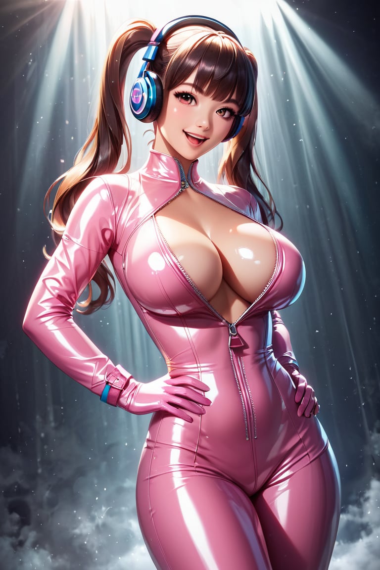 score_9, score_8_up, score_7_up,, score_6_up, (Masterpiece, Best Quality: 1.2), asian girl, long hair, smile, open mouth, bangs, big breasts, gloves, long sleeves, cleavage, twin tails, coat, smiling, shiny, hands on hips, shiny skin, v-shaped, headphones, tight clothing, gown, shiny clothes, latex, pink gloves, pink latex tights, big breasts, nudity, zipper completely open, sexy pose, facing the viewer, ultra highres, (detailed face:1.2), (detailed eyes:1.2), intricate, intricate design and details, ultra detailed, highest detail quality, ultra realistic, photography lighting, overcast reflection mapping, masterpiece, best quality