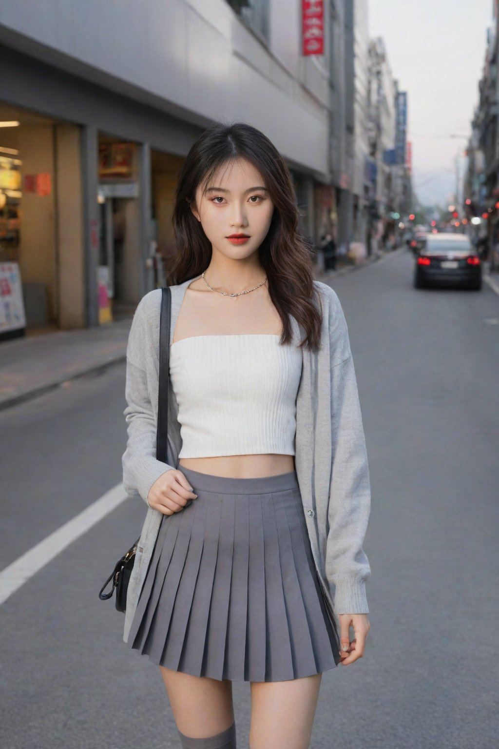 Asian female standing on the street,OOTD,Outfit of the Day,full_body,solo,grey pleated skirt, grey cardigan, stockings,full_body, full body shot, long legs, perfect hands, perfect lighting, vibrant colors, intricate details, high detailed skin, intricate background, realistic, raw, analog, taken by Canon EOS,SIGMA Art Lens 35mm F1.4,ISO 200 Shutter Speed 2000,Vivid picture,hubggirl